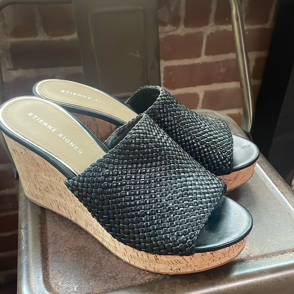 Etienne Aigner Shoes - Etienne Aigner Daiquiri Platforn Slide Wedge Women's 9.5M Black Leather Woven.